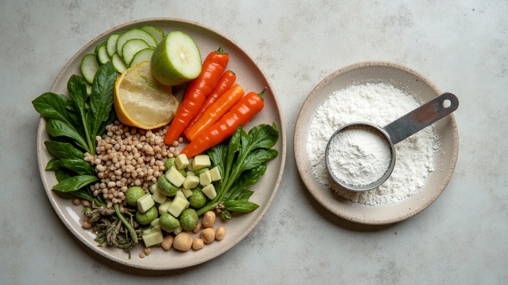 Editorial comparison still-life, top-down on a neutral stone surface: a plate of