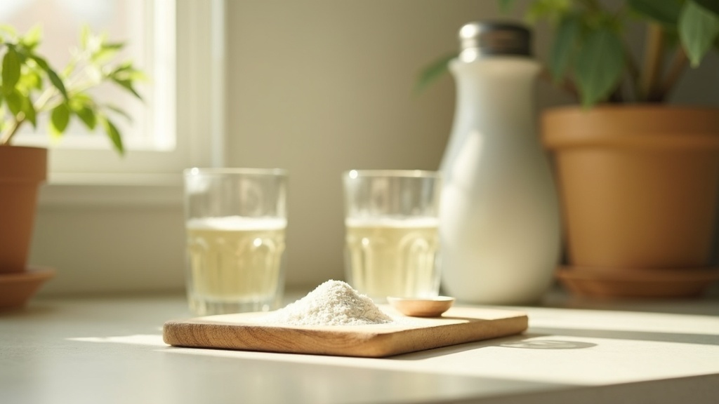 Lifestyle context still-life, eye-level on a sunlit kitchen counter: a glass of