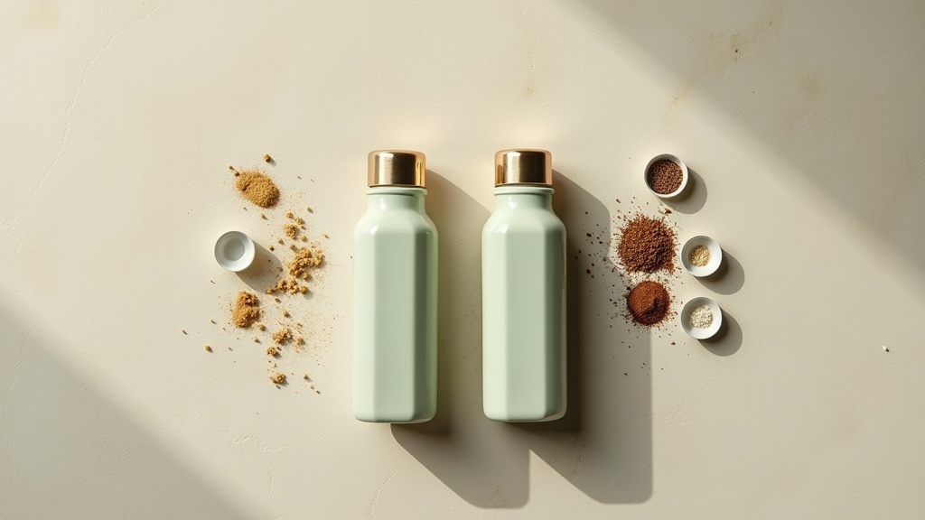Editorial comparison still-life, top-down on a neutral stone surface: two identi