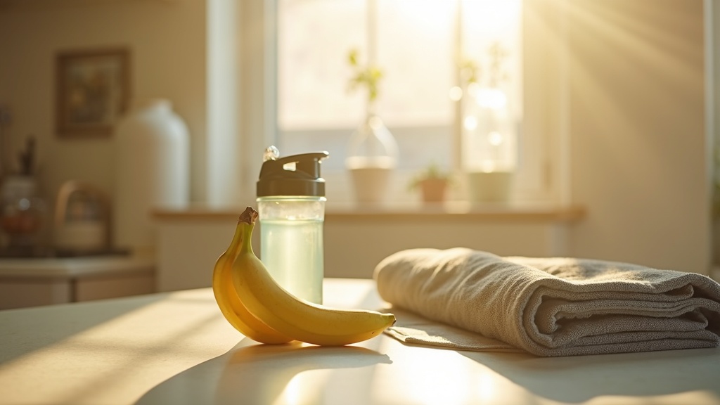 Lifestyle context still-life, eye-level on a sunlit kitchen counter: a shaker bo