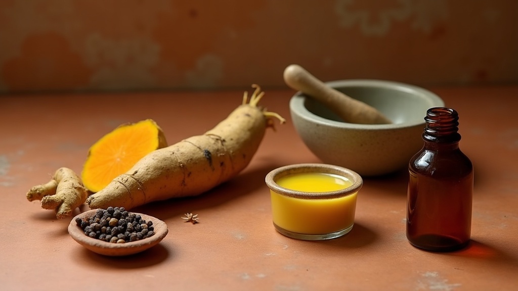 Traditional Indian kitchen still life on a warm terracotta surface: a fresh turm