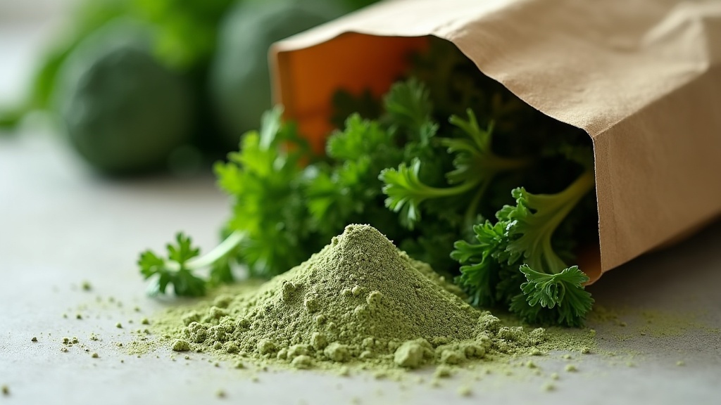 UV documentary close-up on a pale stone surface of a single greens powder sachet