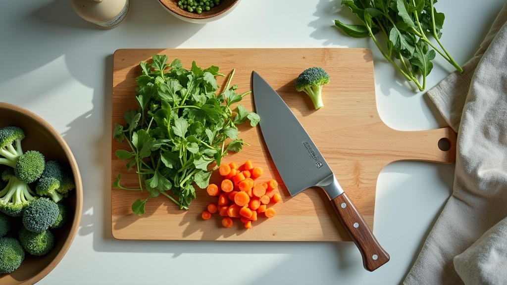 UV documentary overhead still life of a simple wooden cutting board with a chef'