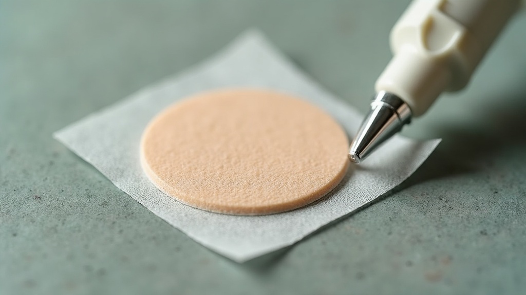 Overhead macro close-up on a cool grey stone surface of a single round skin-tone