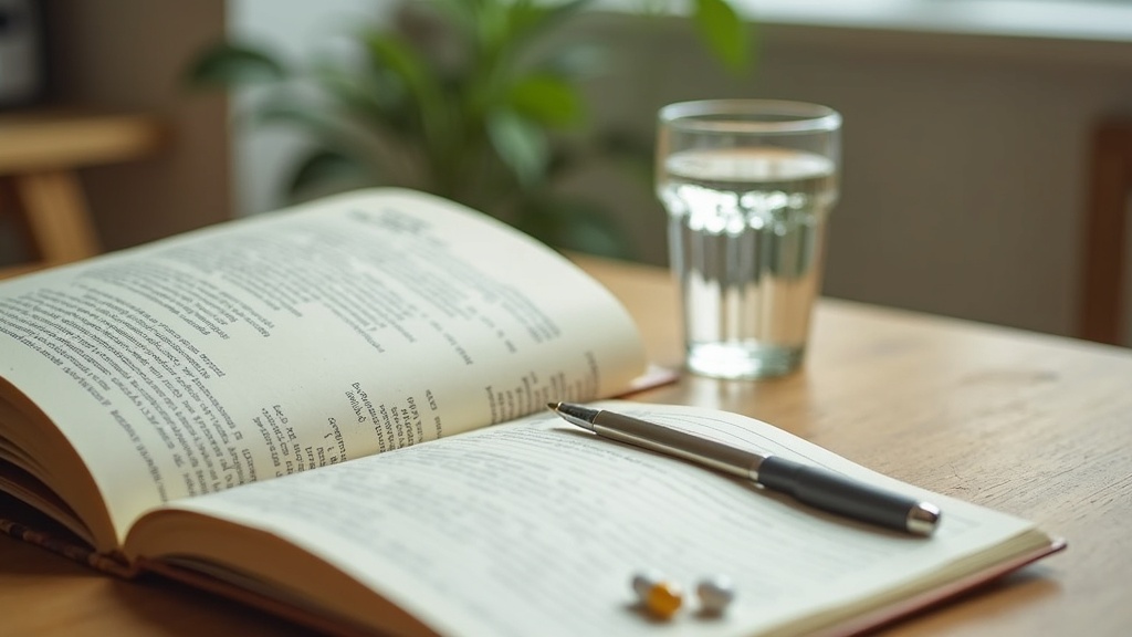 Documentary still life of a wooden desk with a thick open medical reference book