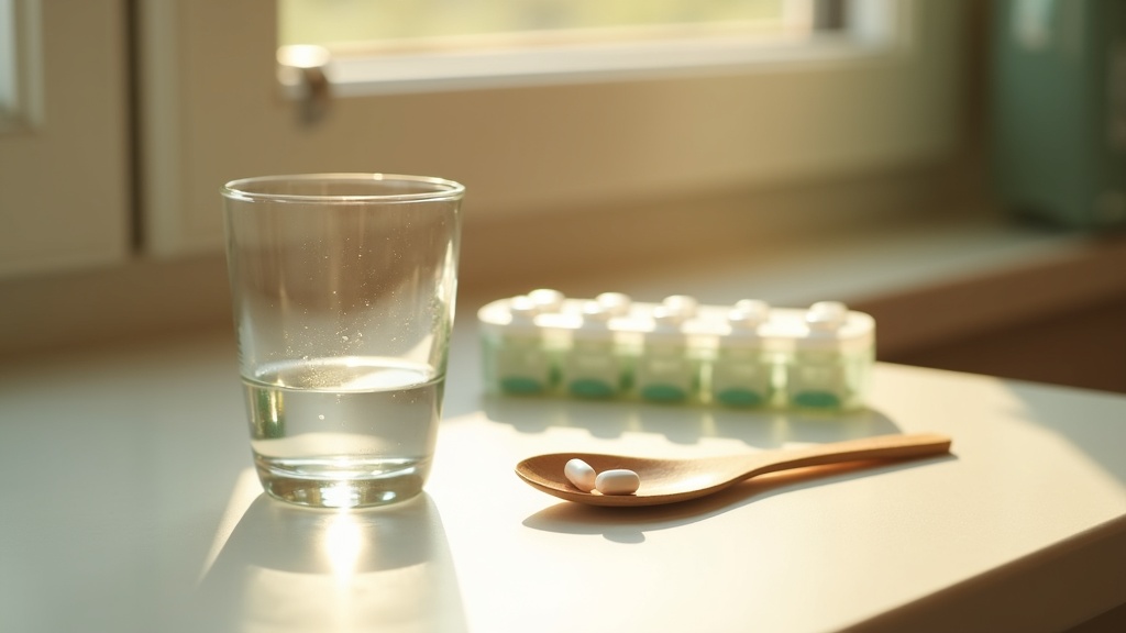 Lifestyle context still-life, eye-level on a sunlit kitchen counter: a glass of