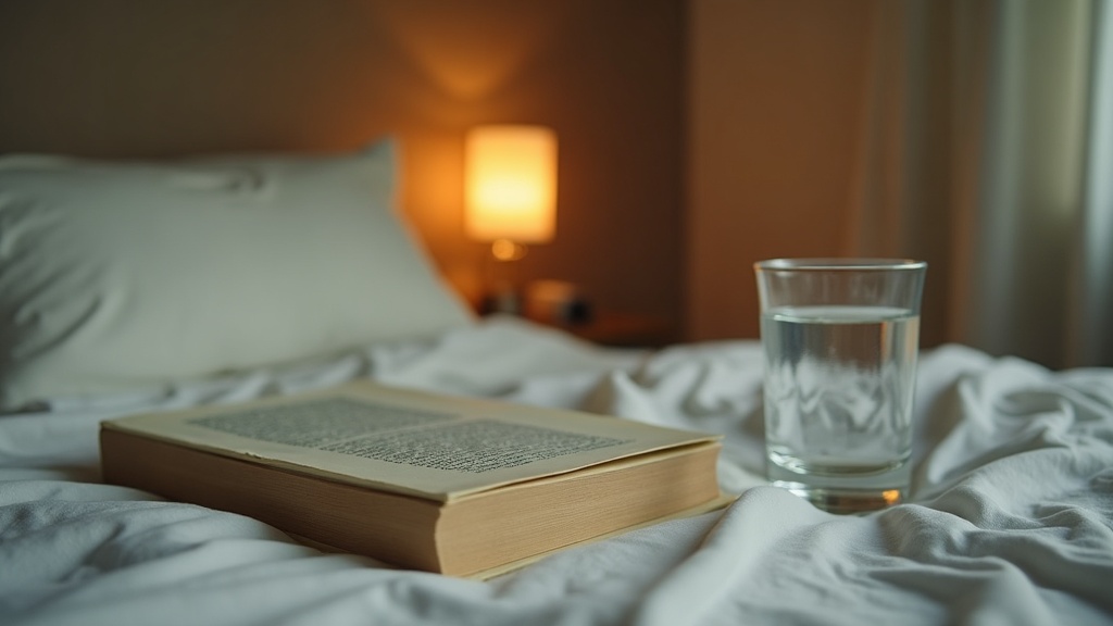 Quiet bedside scene at low evening light: a clear water glass half-full beside a