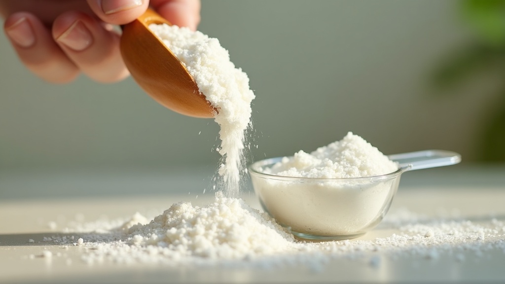 Close-up macro of white crystalline glycine powder pouring slowly from a small a