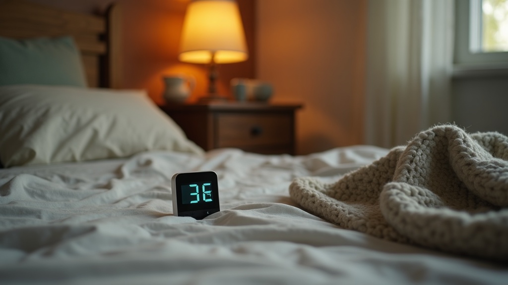 Quiet bedside scene at low evening light: a slim digital thermometer with a glow