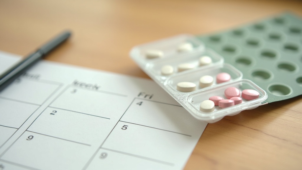 A weekly pill organizer with clear compartments holding small white and pink tab