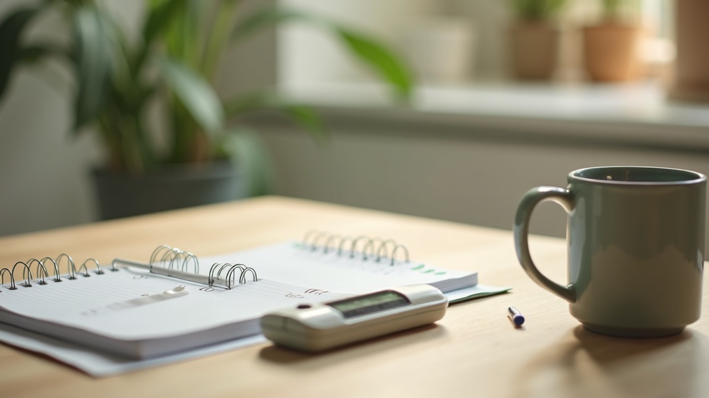 A home blood pressure and INR self-test setup on a kitchen table: a small finger