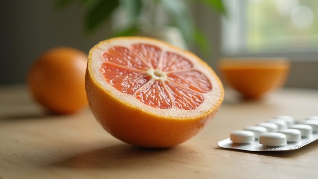 A close documentary-style photo of a single grapefruit cut in half beside a blis