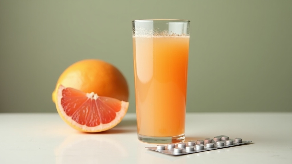 A close documentary still life of a single tall glass of fresh grapefruit juice