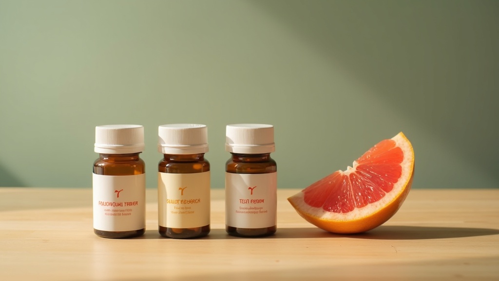 A flat-lay on a wooden counter of three labeled amber pill bottles arranged in a