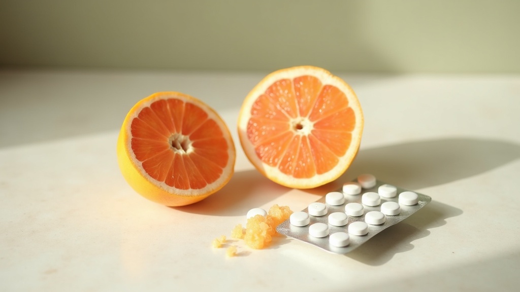 A close documentary still life of a grapefruit cut in half beside a blister pack