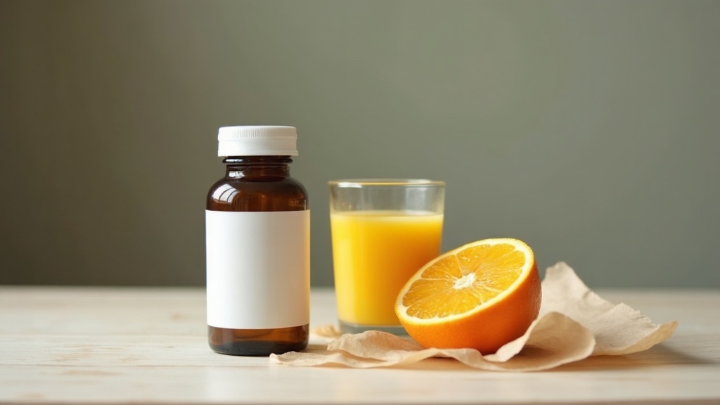 Still life on a pale wood kitchen counter of one open iron supplement bottle nex