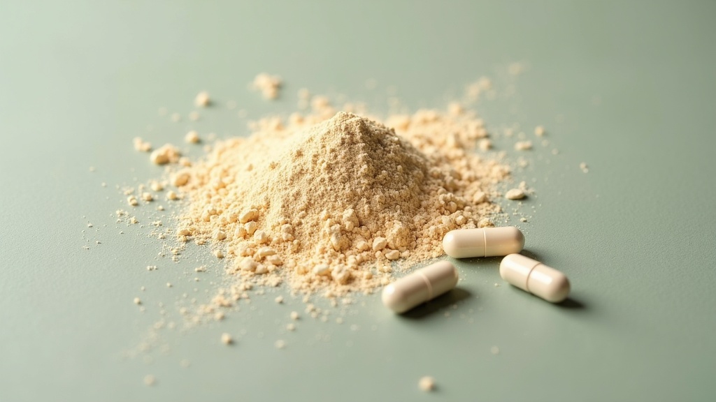 Close-up overhead of a pale tan pile of hydrolyzed collagen powder next to two s