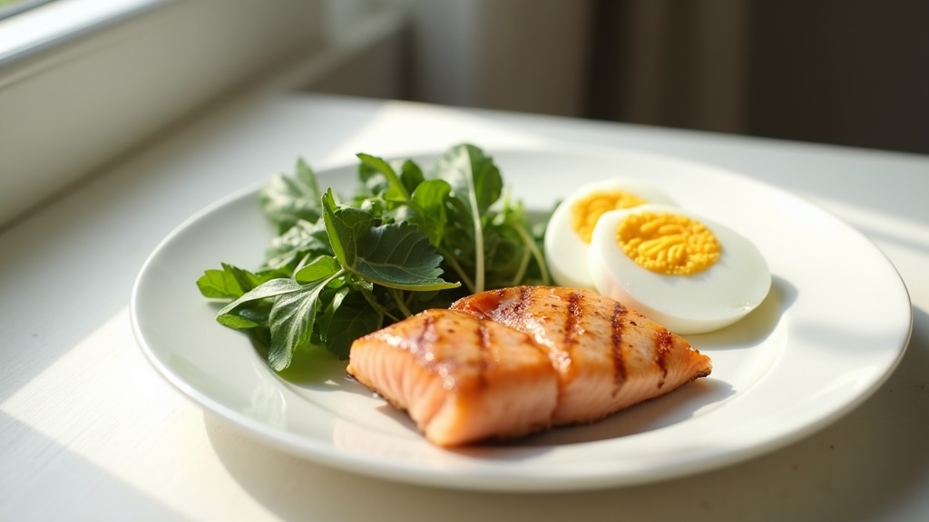 Simple white ceramic plate with two soft-boiled eggs, a portion of grilled salmo