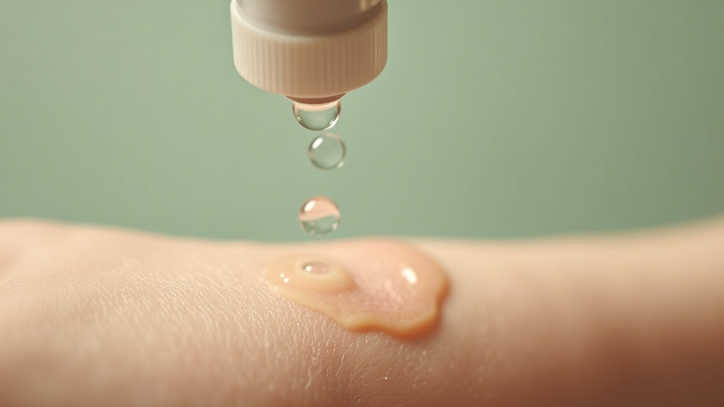 Overhead macro close-up of a spray-bottle nozzle with three suspended clear drop