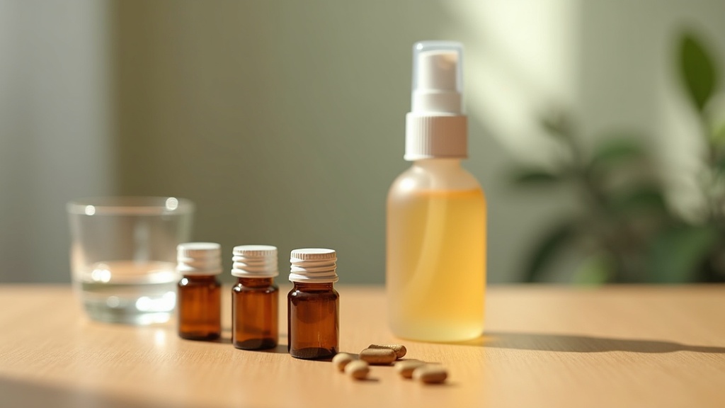 Documentary still life on a warm wooden surface of three amber glass bottles of 