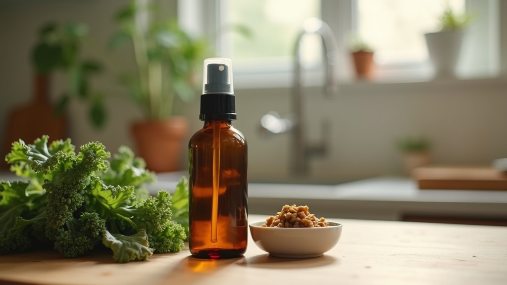 UV documentary realism: still life on a wood kitchen counter, one amber D3 plus