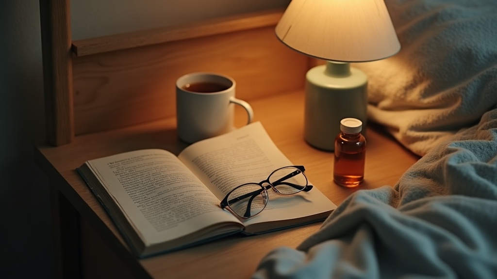 Overhead documentary shot of a wooden bedside table at dusk: a half-full mug of 