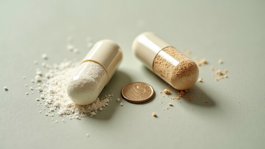 Overhead macro close-up on a pale matte stone surface: two small open capsules s
