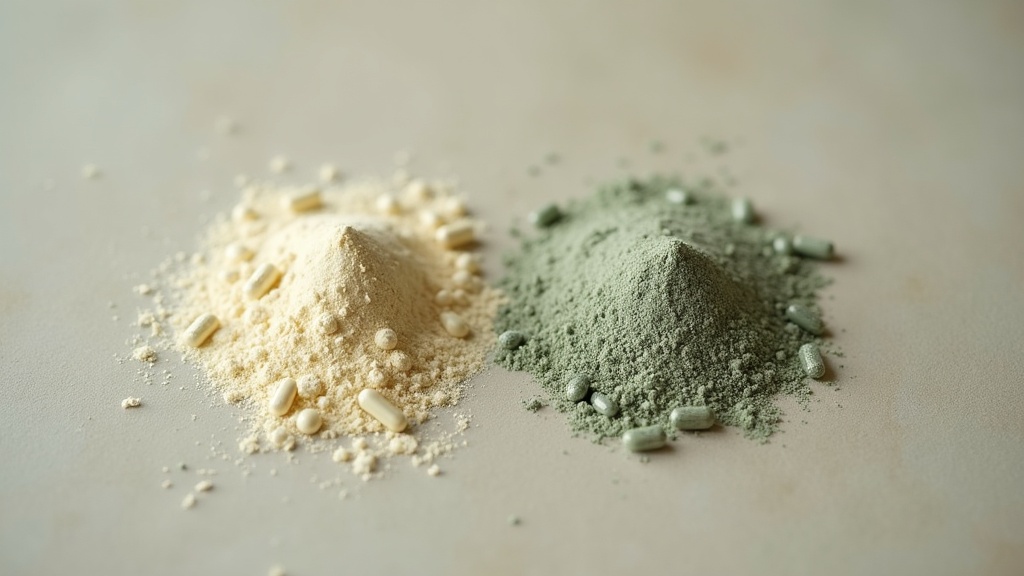 Overhead close-up macro shot on a pale stone surface comparing two small piles o