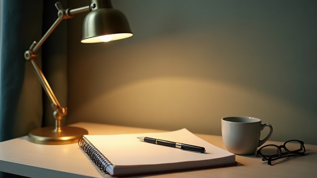 Documentary still life of an empty study corner in soft late-evening light: an o