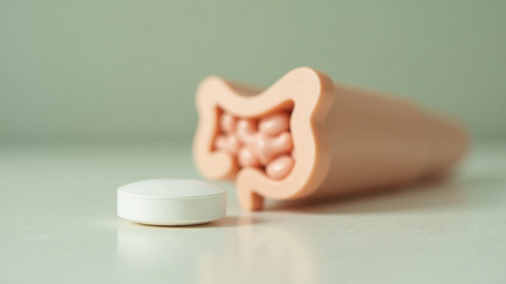 A close documentary still life of a single white metformin tablet beside a cross