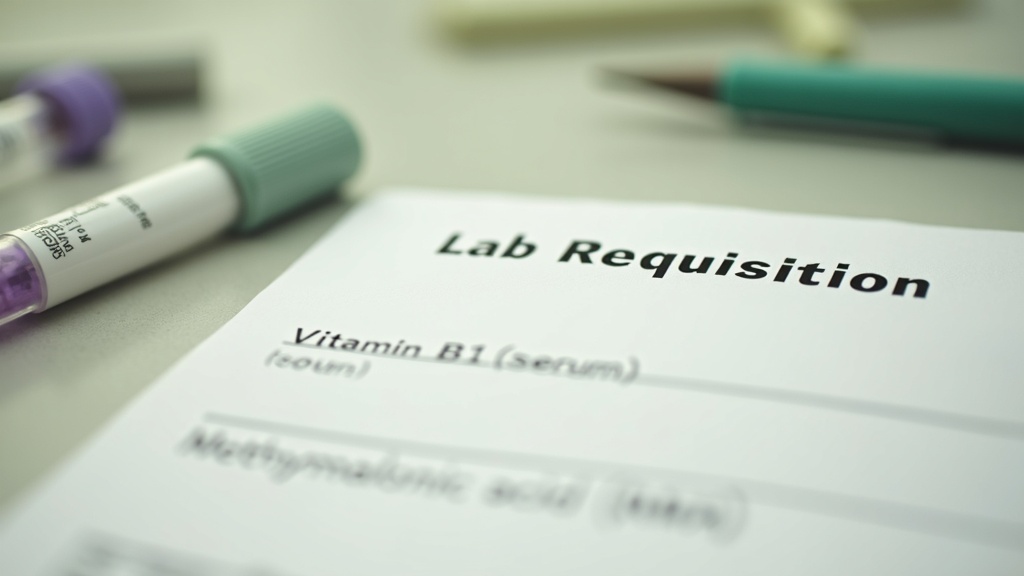 A daylight photo of a printed lab requisition slip on a desk with the lines "Vit