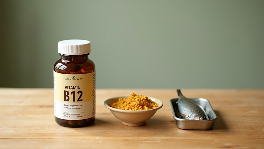 A natural top-down photo on a wooden table of three vitamin B12 sources side by 