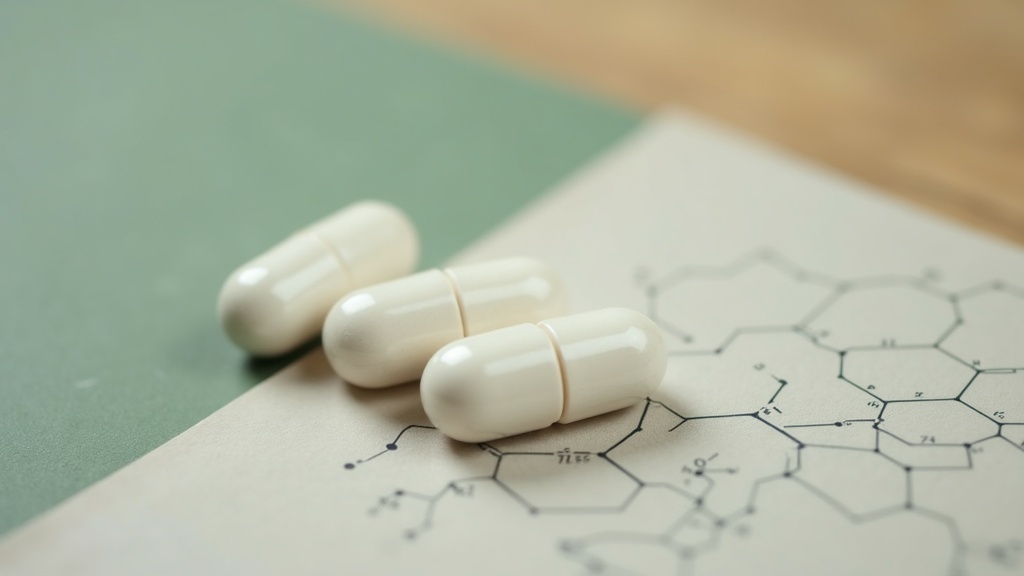 Close-up documentary still life of two small white supplement capsules side by s