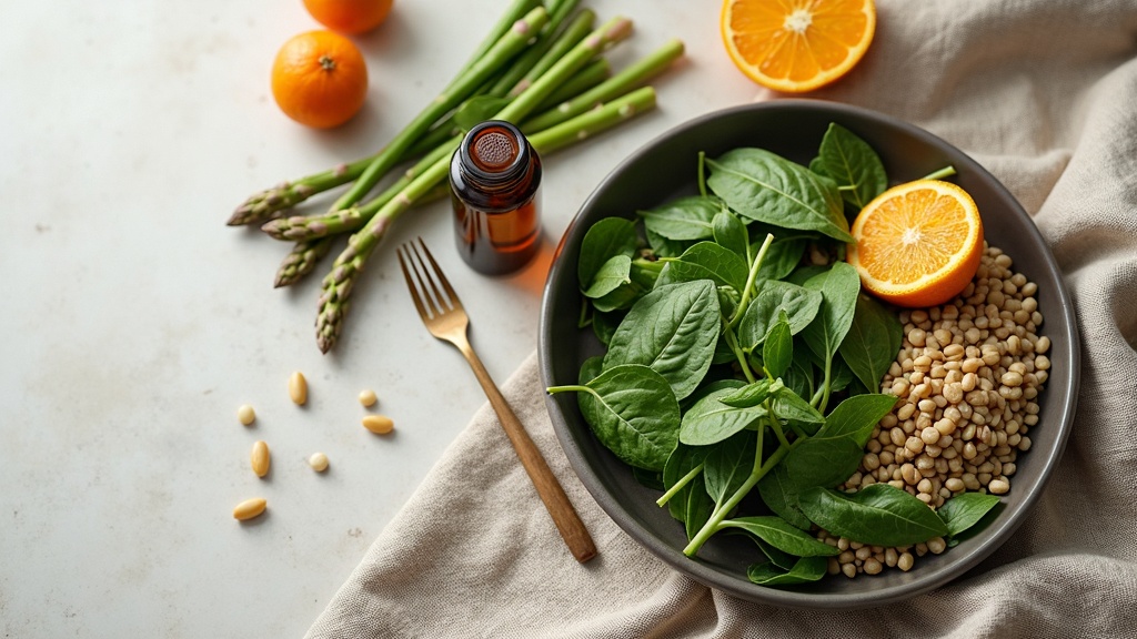 Overhead daylight photo of a folate-rich meal arrangement on a neutral linen sur