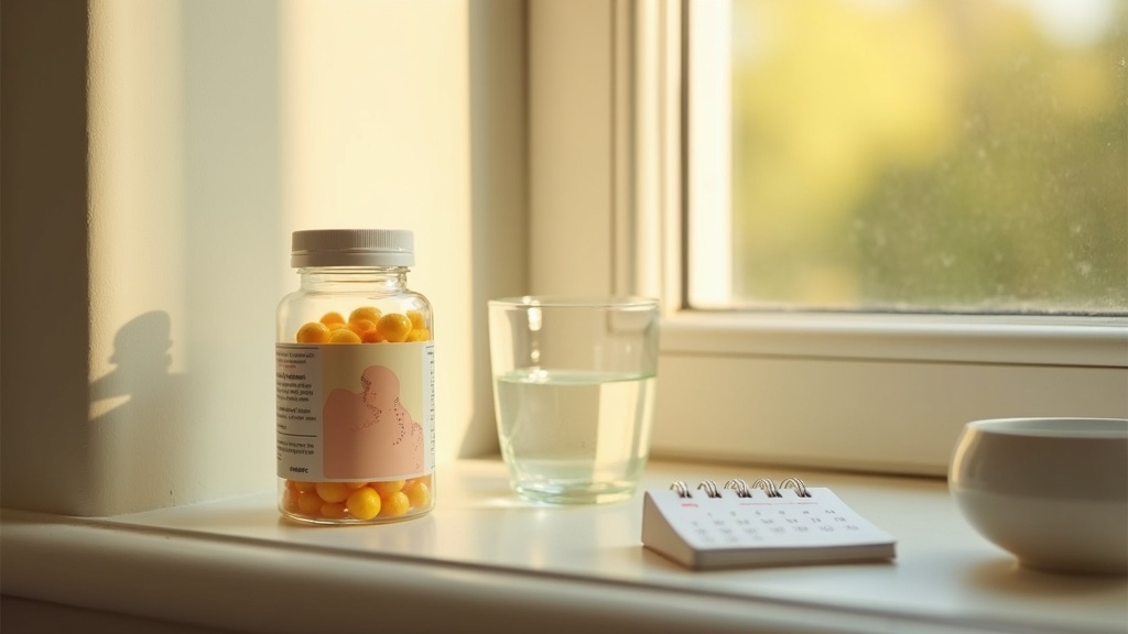 Documentary photo of a pregnancy prenatal vitamin bottle and a glass of water on