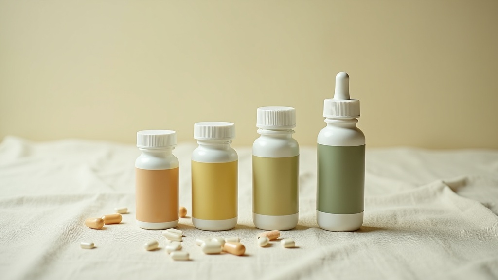 Overhead documentary still life on a neutral linen surface of four supplement bo