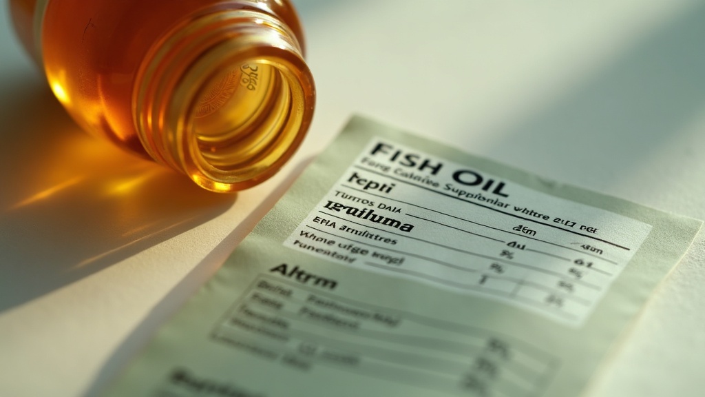 UV documentary realism: close-up of a fish oil supplement facts panel showing EP