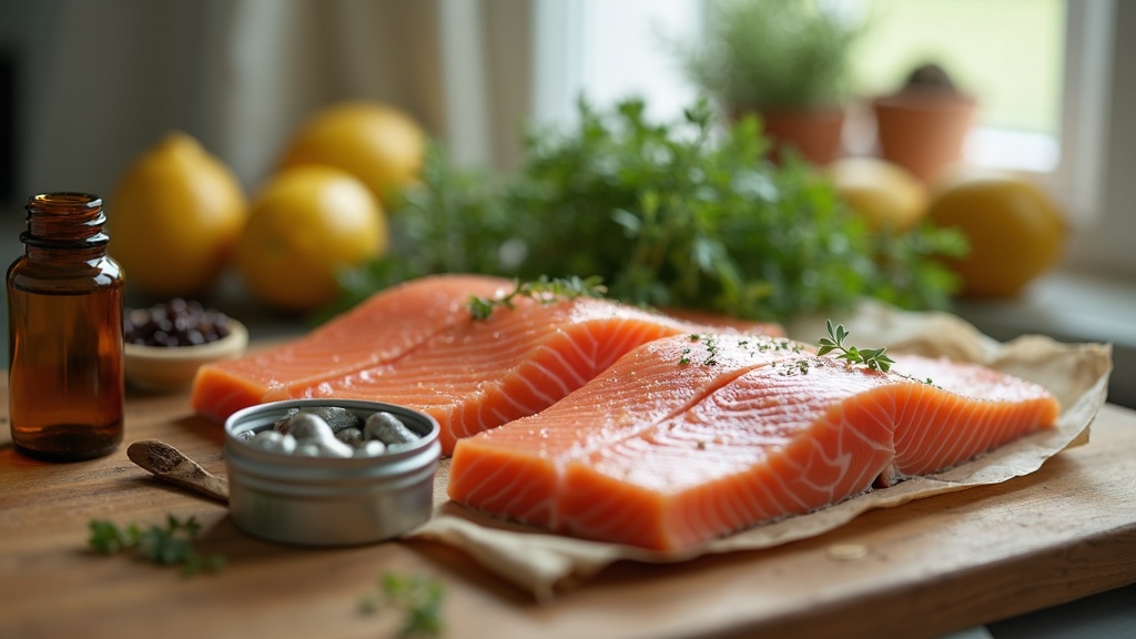 UV documentary realism: grocery shopping moment, two whole salmon fillets and a