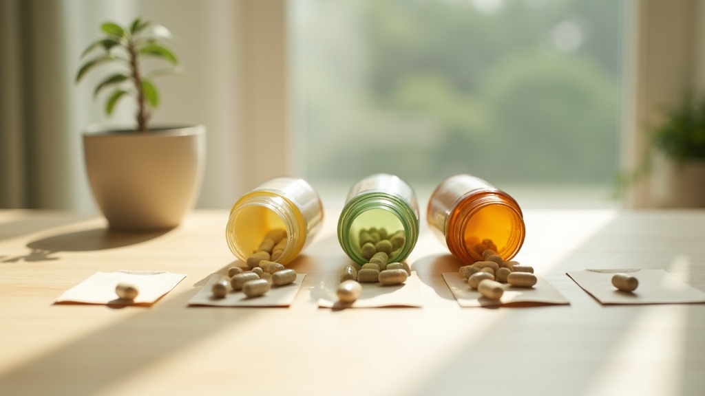 A flat-lay of three open supplement bottles on a light wooden table in daytime w