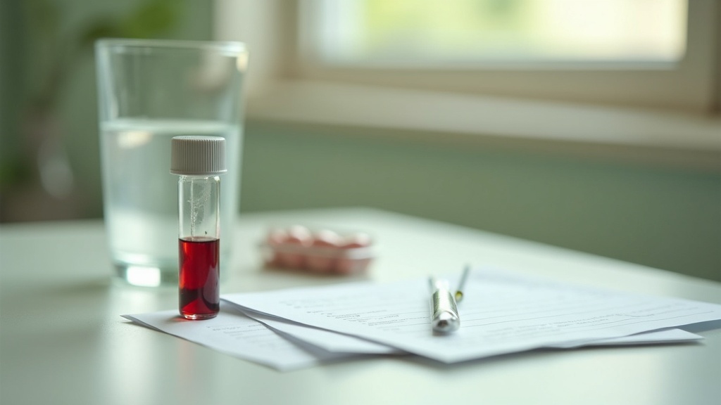 A vial of blood and a paper lab requisition form resting on a clinic desk next t
