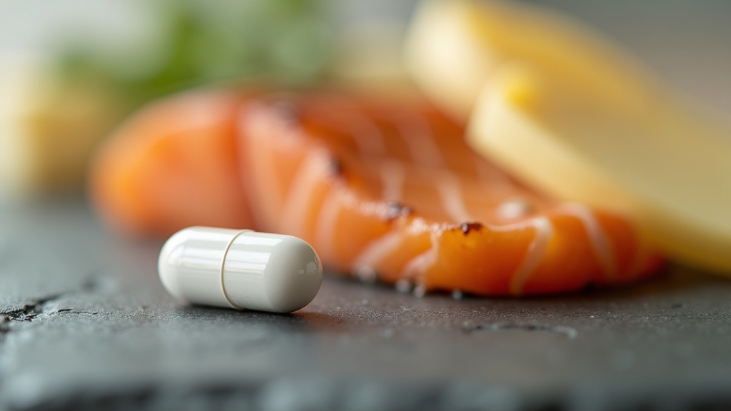 A close documentary still life of a single white omeprazole capsule beside a pie
