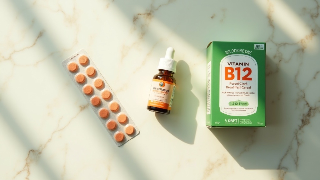 An overhead daylight shot of three vitamin B12 product formats laid out on a mar