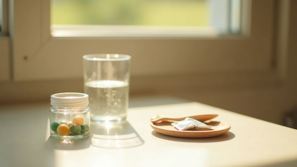 Lifestyle context still-life, eye-level on a sunlit kitchen counter: a glass of