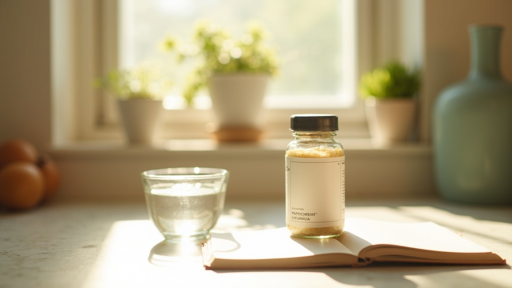 Lifestyle context still-life, eye-level on a sunlit kitchen counter: a single la