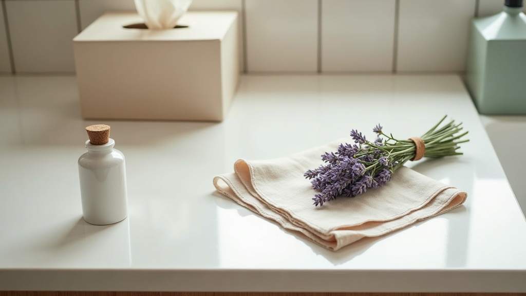 Overhead documentary still life on a pale linen kitchen counter: one small white