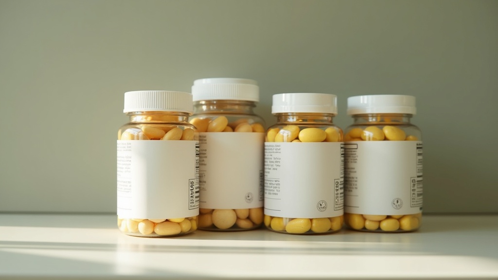 A daylight still life of three different unlabeled red yeast rice supplement bot