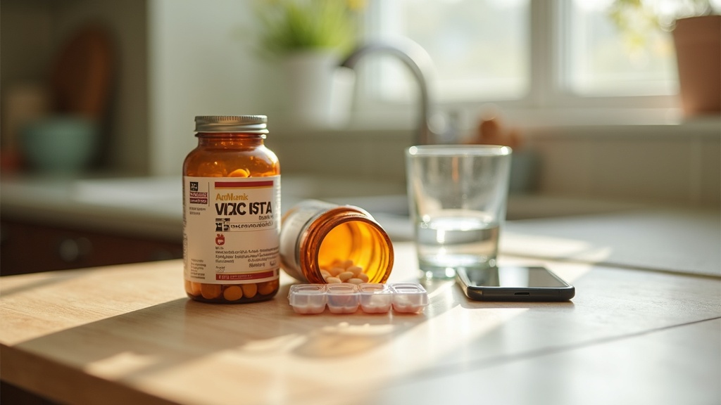 A realistic daylight photo of a kitchen table with a red yeast rice bottle, a st