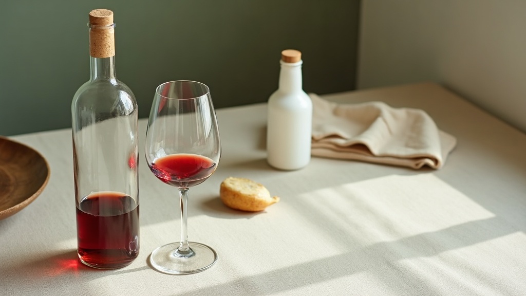 Overhead documentary still life on a pale linen kitchen counter: one uncorked bo