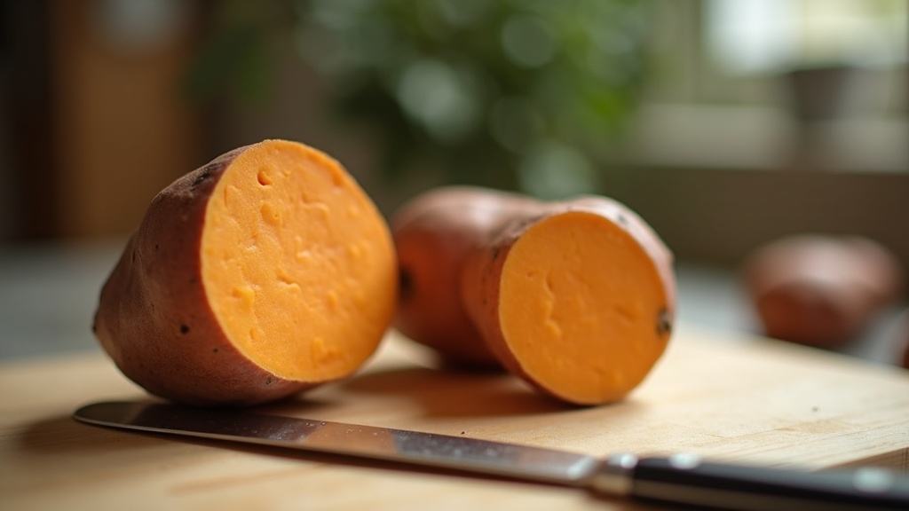 Close documentary photo of a single sweet potato sliced open to show deep orange