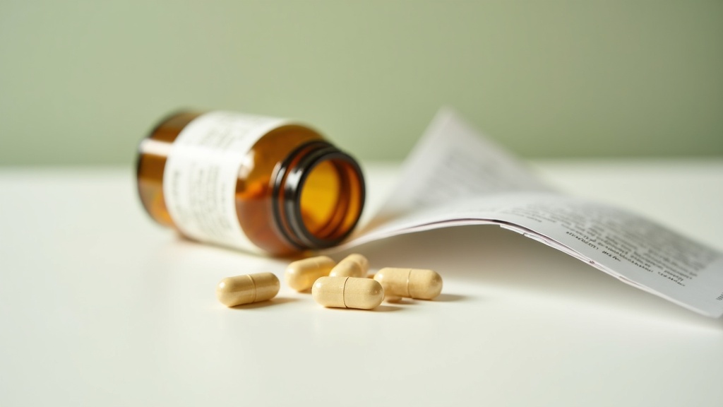 Quiet documentary still life of an unbranded amber supplement bottle tipped over